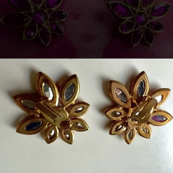 Vintage disco era hot pink stars-like zirconia clipped earrings - Picture 3 of 14